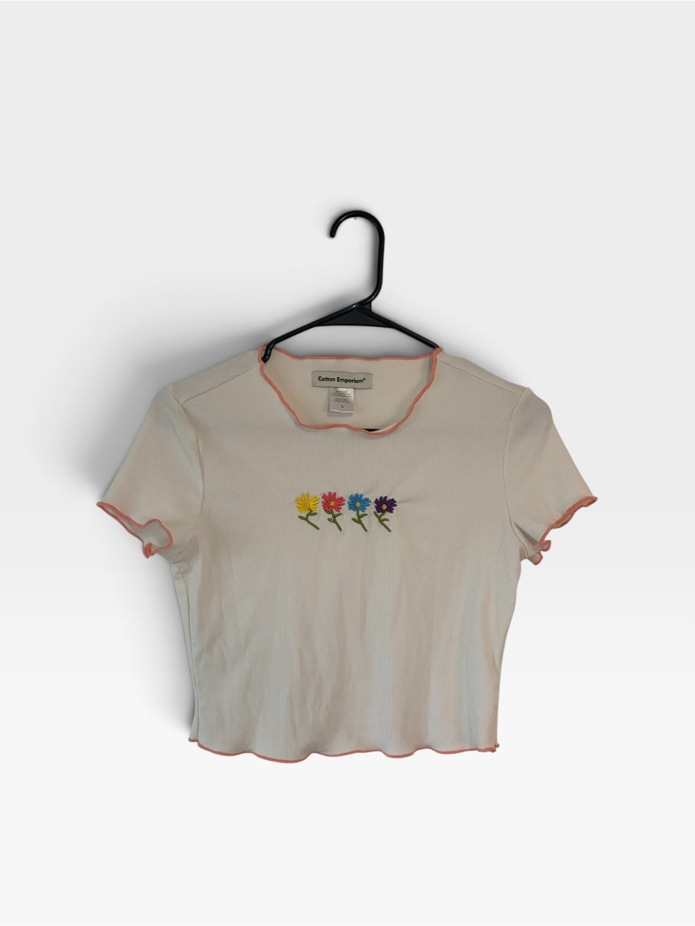 🌸 Cotton Emporium Floral Embroidered Lettuce-Trim Baby Tee